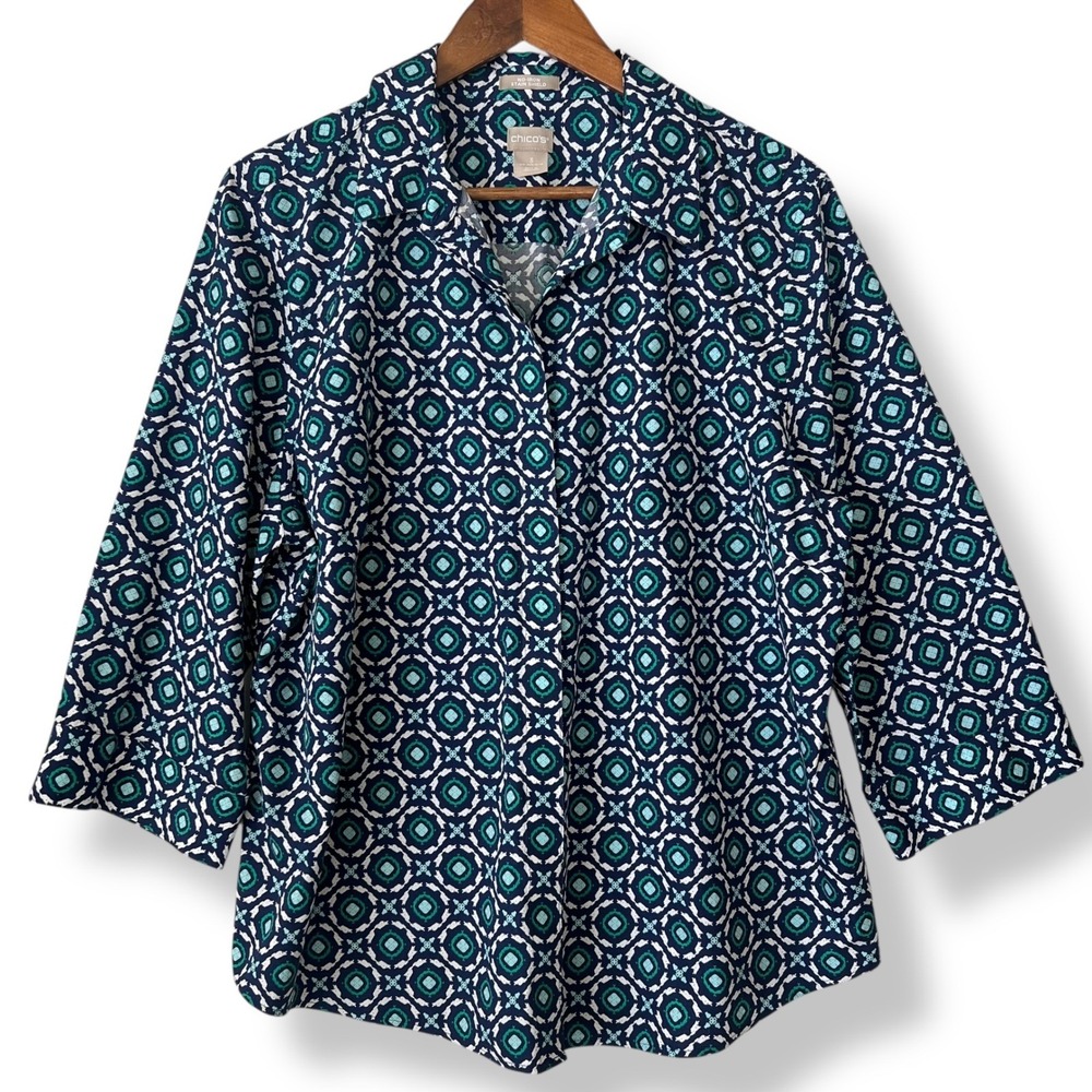 Chico's No-Iron Stain Shield Blouse Geometric Button Up Shirt Blue Green 3 XL